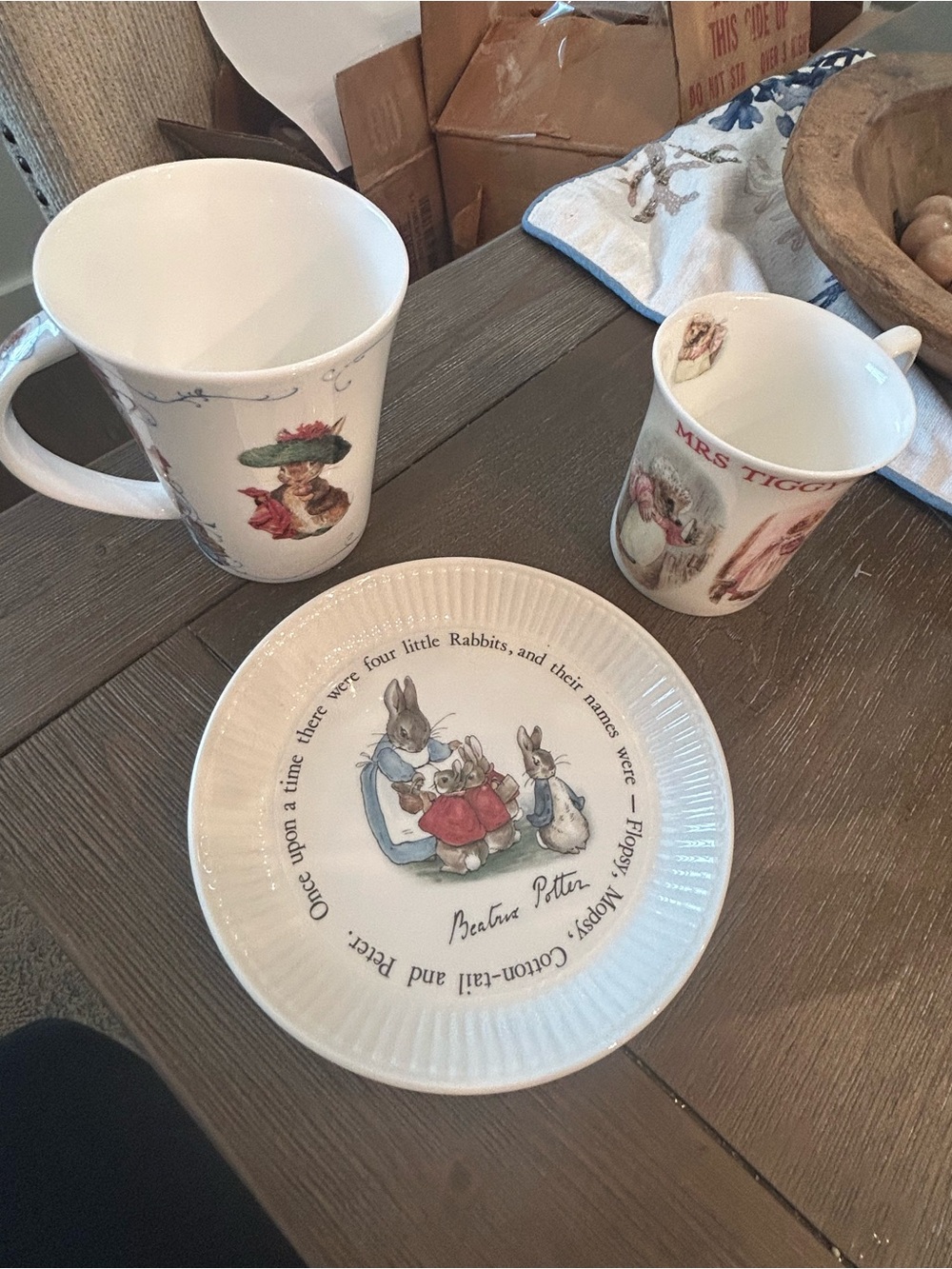 Wedgwood Plate with Peter Rabbit Illustrations and two tea mugs